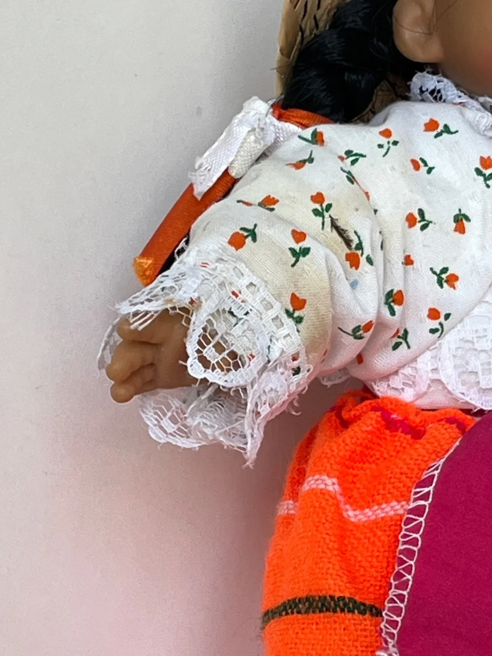 Colorful Peruvian Folk Girls Doll Orange-Striped Outfit with Straw Hat